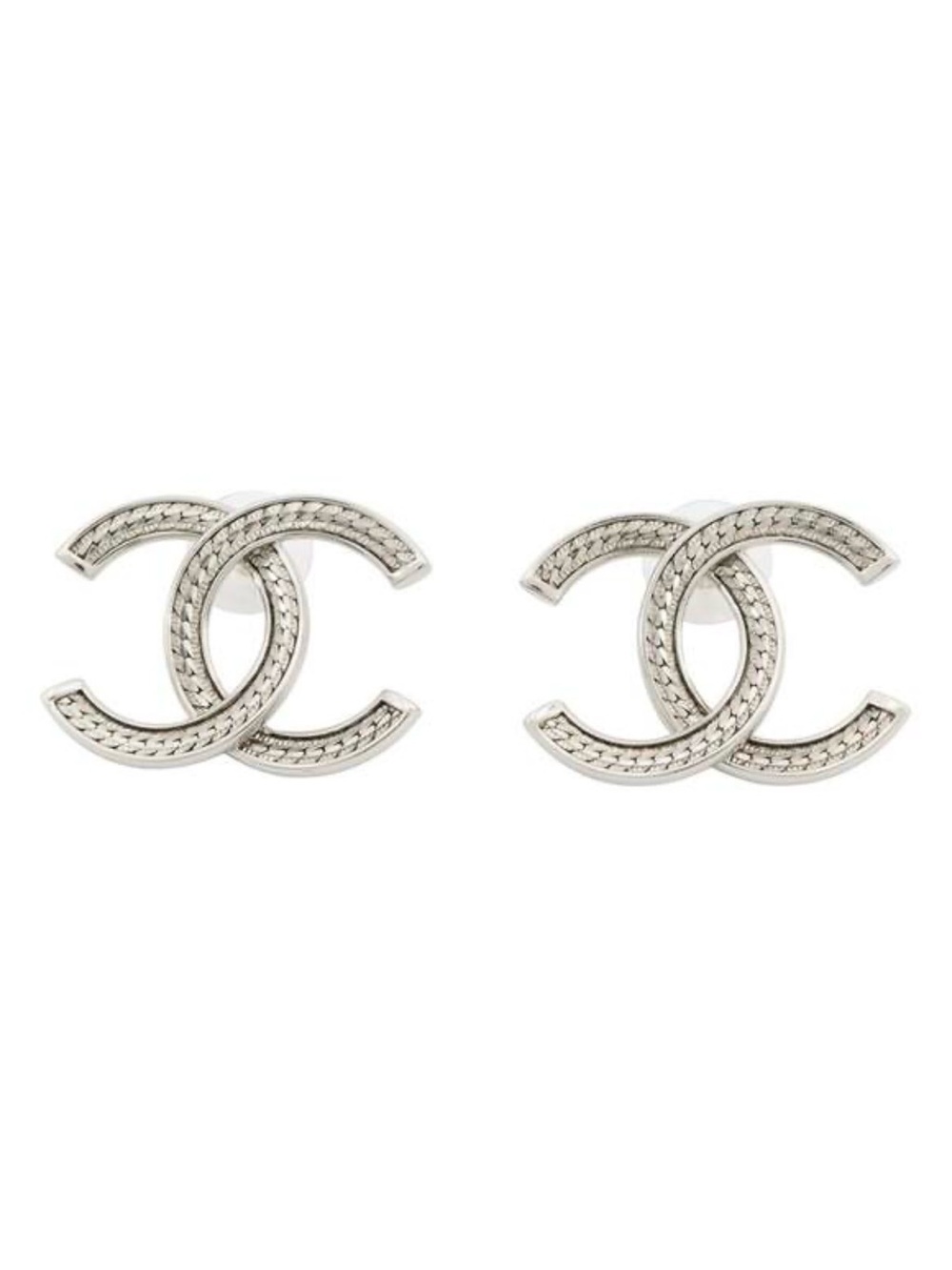 CHANEL Silver-Tone Braided CC Logo Stud Earrings
